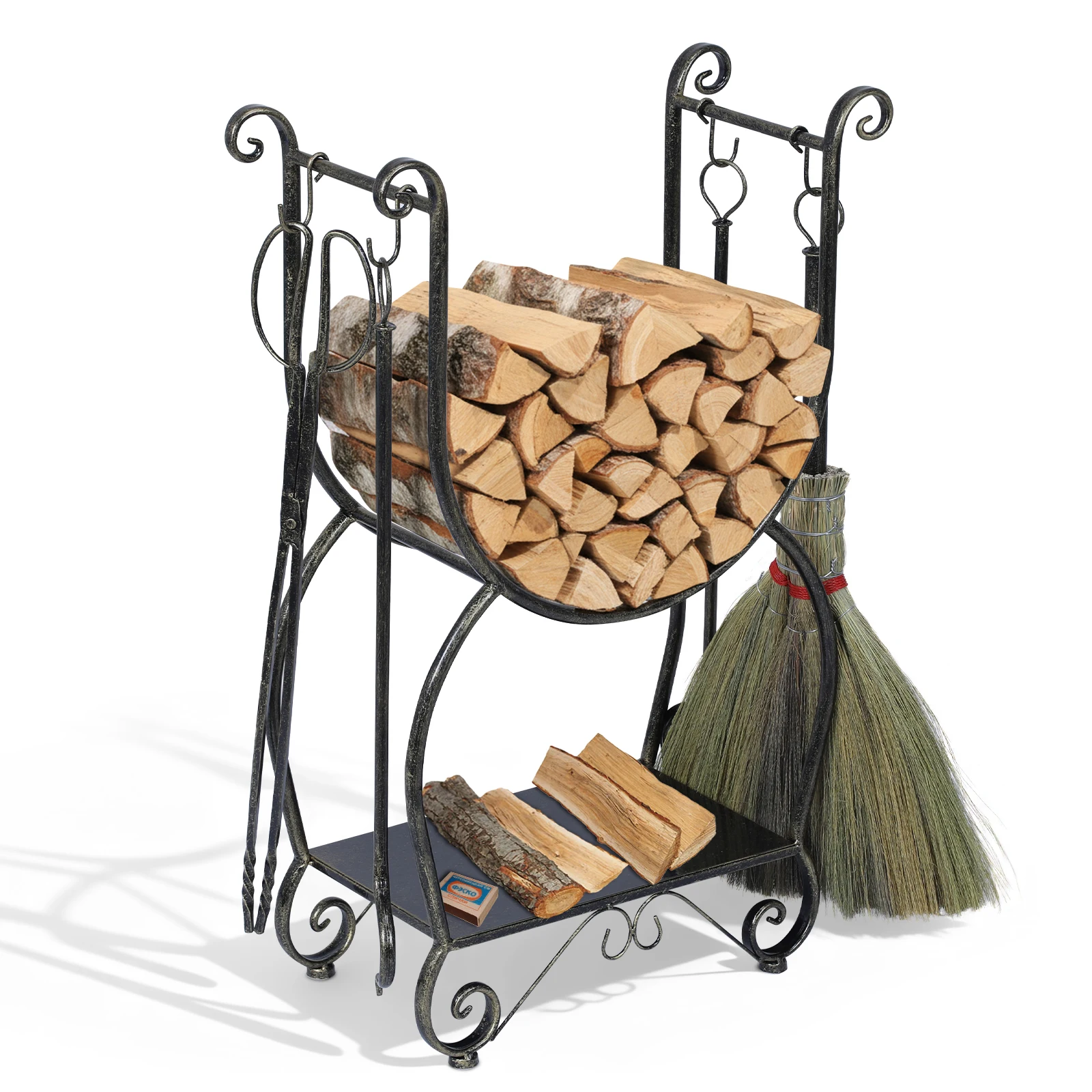 Fireside Wood Storage Organizer with 4 Fireplace Tools Black Copper Log Holder No Need To Install Firewood Rack for Fireplaces