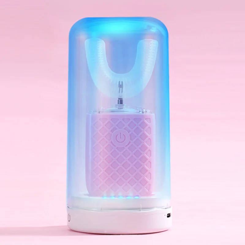 thumbnail image 1 of Cepillo de dientes eléctrico automático en forma de U de 360 grados, cabezal de silicona para adultos y niños, cepillo de dientes sónico recargable, luz azul blanqueadora, 1 of 5