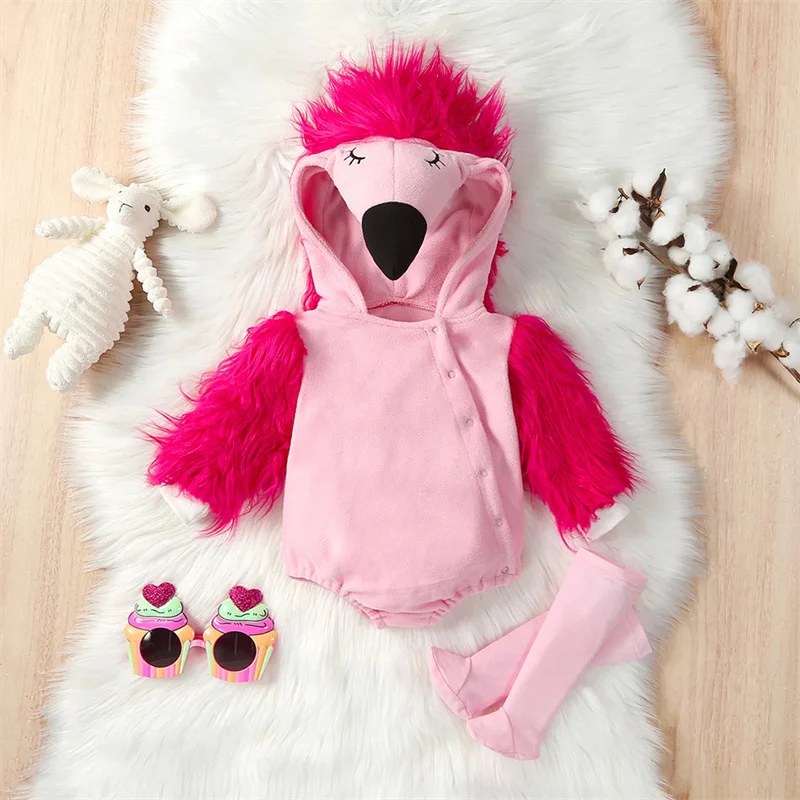 0-24M Baby Girls Animal Costume Pink Furry Hoodie Romper Bodysuit Stockings 2pcs/set Long Sleeve Purim Fancy Dress