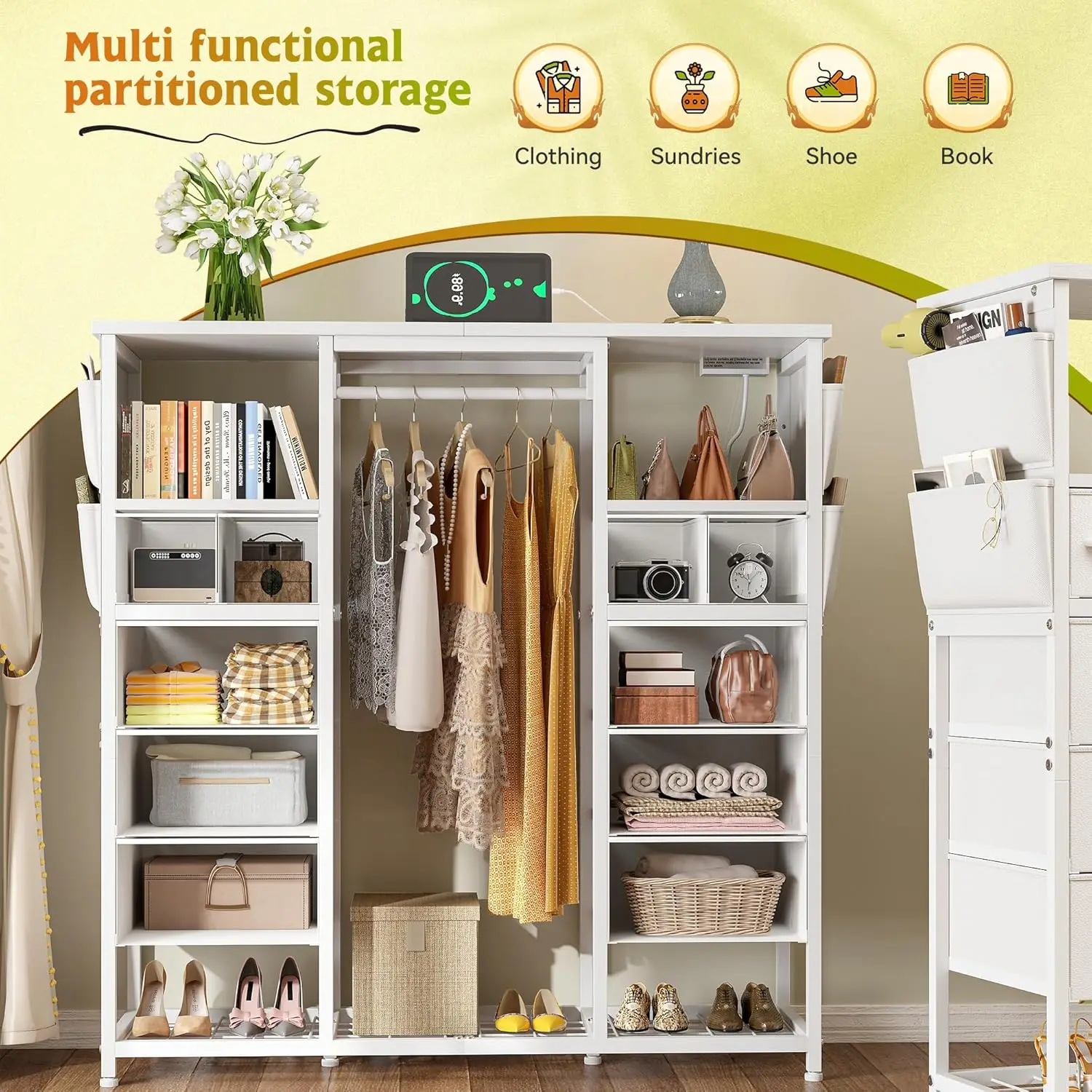 10 Drawers Dresser with LED Lights & Charging Station, Chest of Drawers & Clothes Rack, Wooden Top, Bedroom, Closet