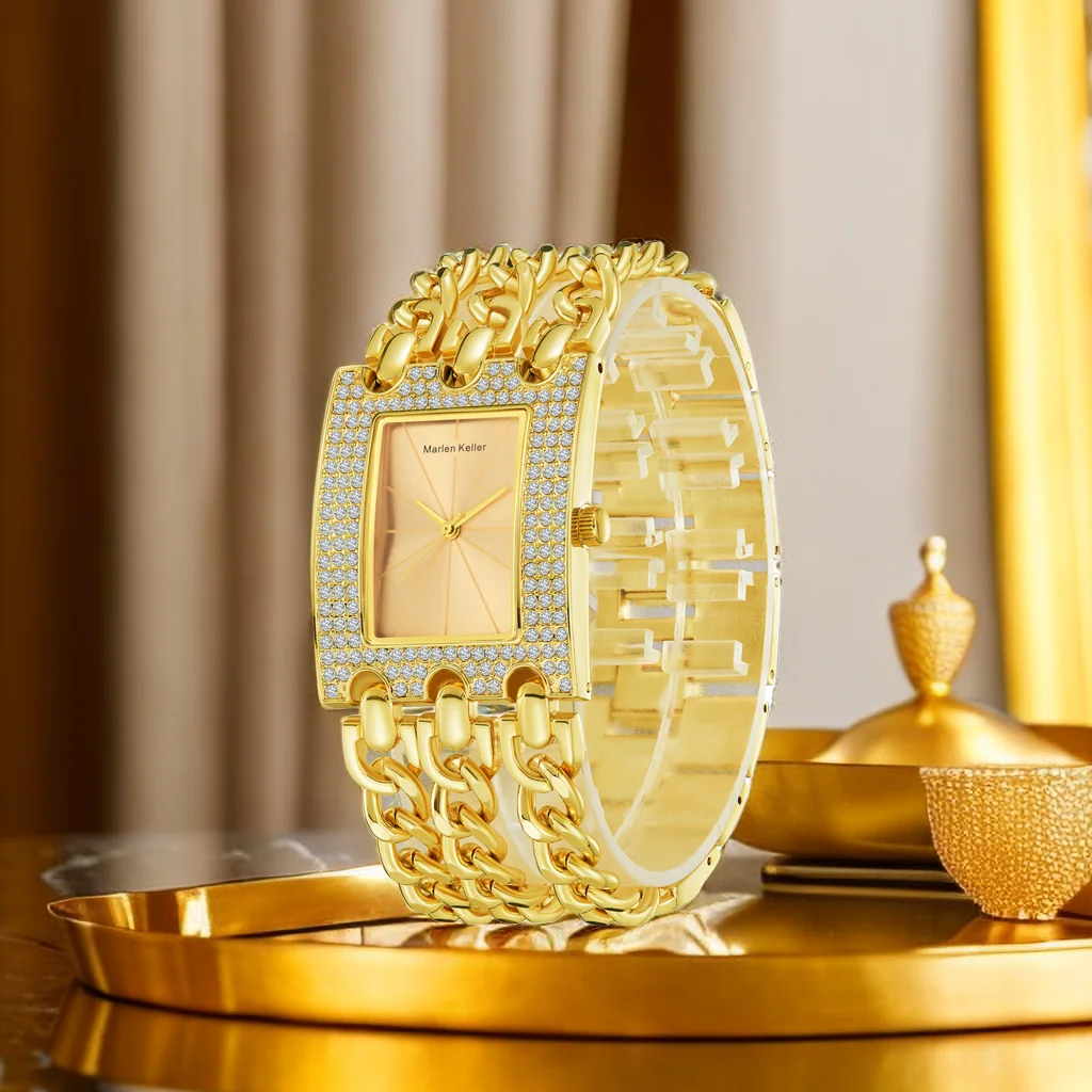 Marlen Keller Luxury Golden Quartz Watch With Rhinestone Rectangle Shape Dial Alloy Strap Quartz Wrist Watch For Ladies Fashion