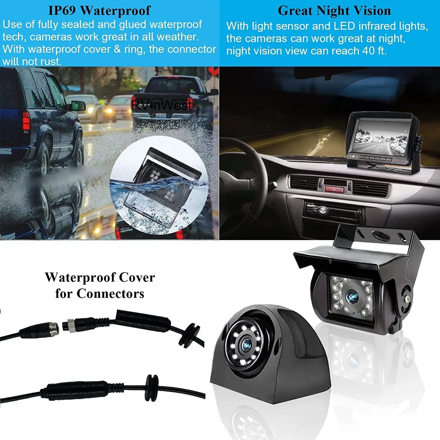 Bileeko 10.1 inch DVR Monitor 1080P HD Backup Camera System,Quad Split Screen, Heavy Backup Side View Camera for Truck RV