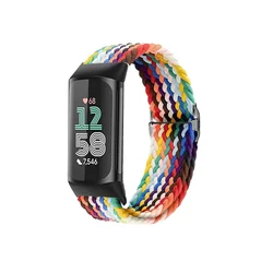 Stretchy Nylon Elastic Sport Watch Band - Breathable Woven Strap Replacement - Fitbit Charge5 6 (Rainbow)