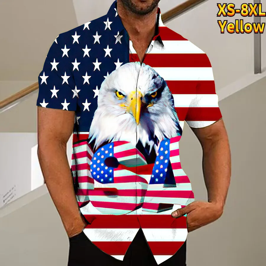 

Newest Summer Beach Men's Shirts 3D USA Flag Eagle Print Short Sleeve Shirt Hawaiian Style Blouse Oversized Vacation Streetwear