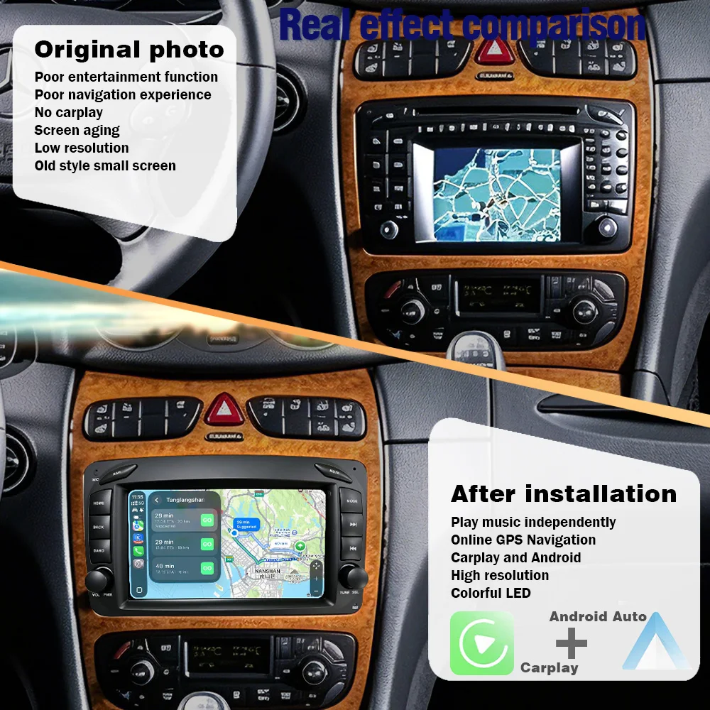 AUTOTOP Pantalla de radio para coche con sistema Linux de 7 pulgadas para Mercedes Benz CLK W209 C209 W168 W203 W463 Vito 1998-2006, CarPlay inalámbrico, Android Auto, radio para coche, pantalla táctil, monitor multimedia, navegación GPS, unidad principal estéreo, WiFi 2