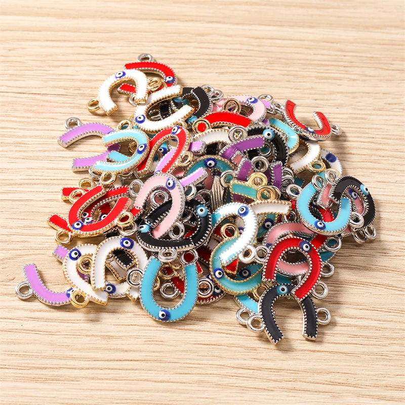 10 Stück 21x15mm Niedliche Emaille-Böser-Blick-Hufeisen-Anhänger-Verbinder für die Schmuckherstellung, DIY-Halsketten, Armbänder, handgemachtes Bastelzubehör