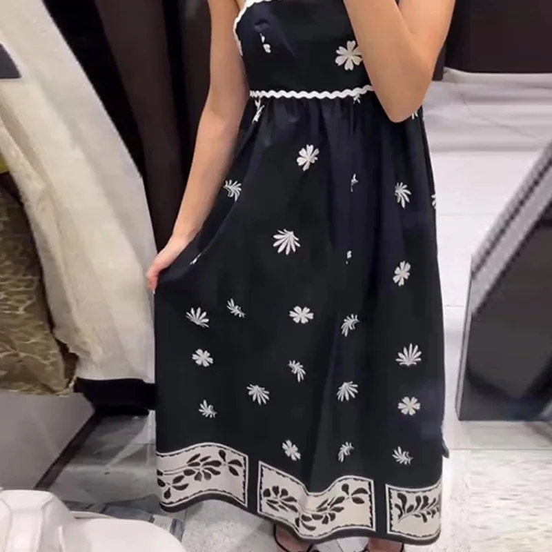 

Sexy Backless Spaghetti Strap Dresses Floral Printed Loose Beach Style Halter Sleeveless Off Shoulder High Waist Long Dresses