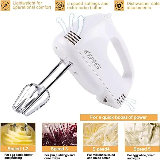 Electric Hand Mixer with Mixing Bowls Set, Hand Mixers for Kitchen,  5-Speeds Hand Mixer with Whisks Beater Stainless Steel Metal Nesting Mixing  Bowl, Measuring Cups Spoons, Electric Mixers for Baking 