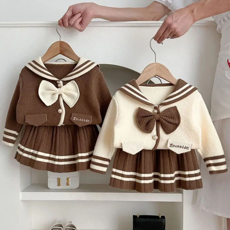 2025 Autumn Winter Girls Sweater Clothing Set Stripe Single Breasted Knitted Coat+Skirt 2Pcs Suit For 2-6Y Girls Fashion Outfit