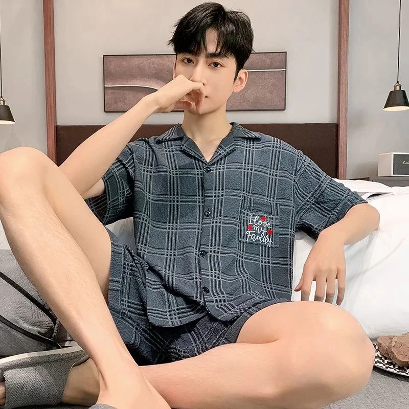 Summer Men Sleepwear Striped Cotton Pajamas Sets for Men Short Sleeve Pyjama Male Homewear Loungewear Lounge Wear Clothes