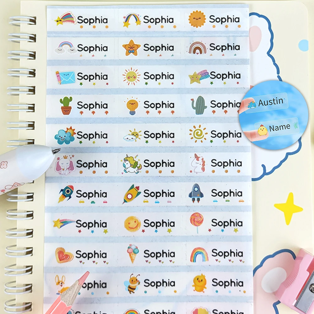 

30,60，120pcs Cartoon Animal Name Tag Stickers Custom Transparent Waterproof Personalized Children Labels Kids School Stationery