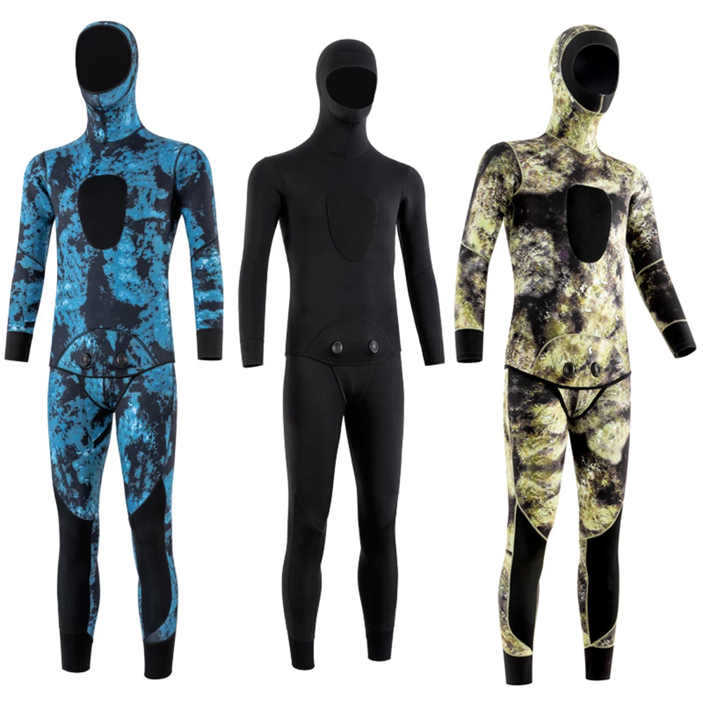 

New 3MM Neoprene Diving Suit Men's One Piece Long Sleeve Camo Hooded Top Two Piece Underwater Hunting Surfing Warm Diving Suit