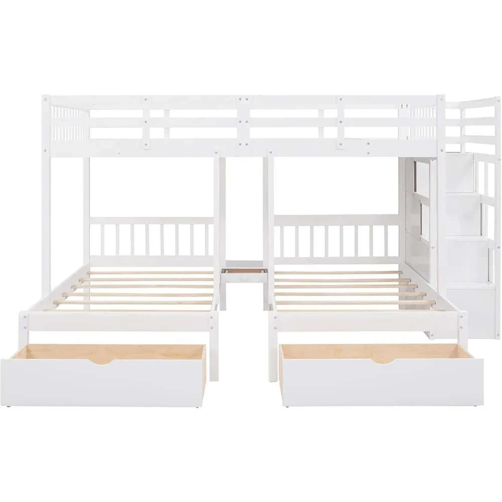 Triple Bunk Beds with Drawers, Wood Full Over Twin & Twin Bunk Bed with Storage Staircase, Triple Bed for Kids,3 Bed Bunk Beds 4