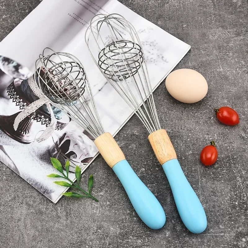 Manual Egg Blender Hand Beater Dough Cream Stirring Mixer Whisk Cooking Baking Kitchen Tools Wood Handle Stainless Steel