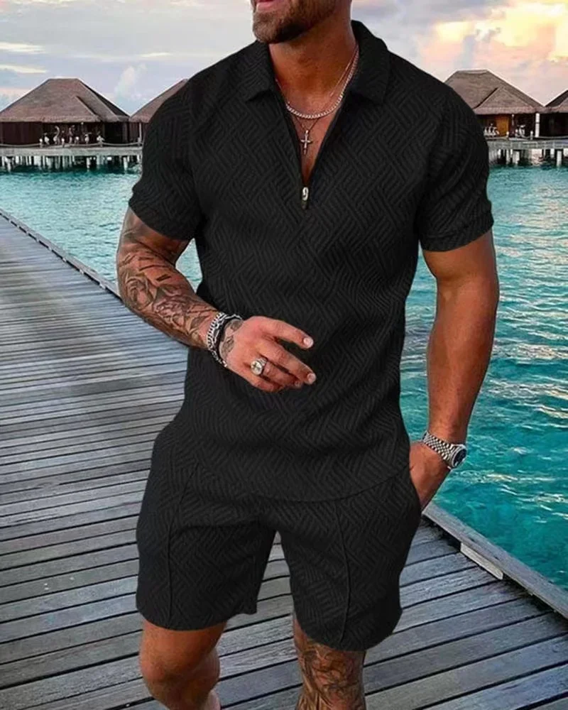 Summer Men Short-sleeved Shorts Suit Sports Leisure Slim Zipper Lapel POLO Shirt Elastic Waist Casual Solid Color Shorts Suit
