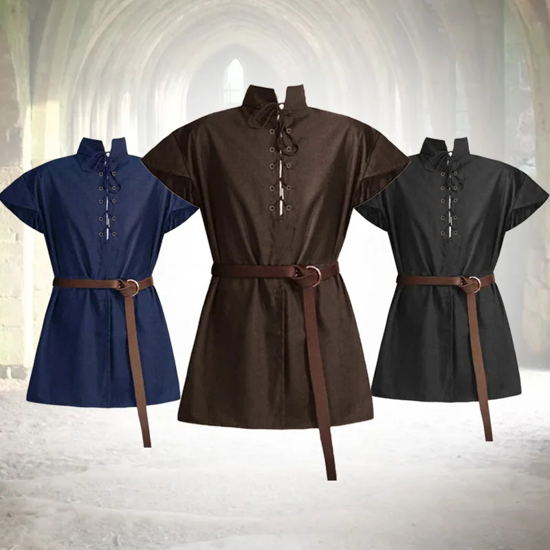 

Men Summer Medieval Vintage Gothic Punk Lace Up T-shirt Tops Renaissance Victorian Shirts Viking Pirate Cosplay Costume No Belt