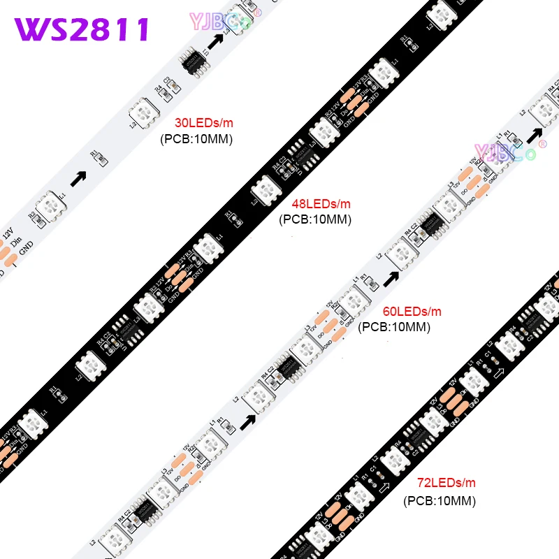 12V 24V 5m addressable WS2811 LED Strip 30/48/60/72leds/m Smart 5050 RGB  pixel Lights Bar External IC IP30/65/67 flexible Tape