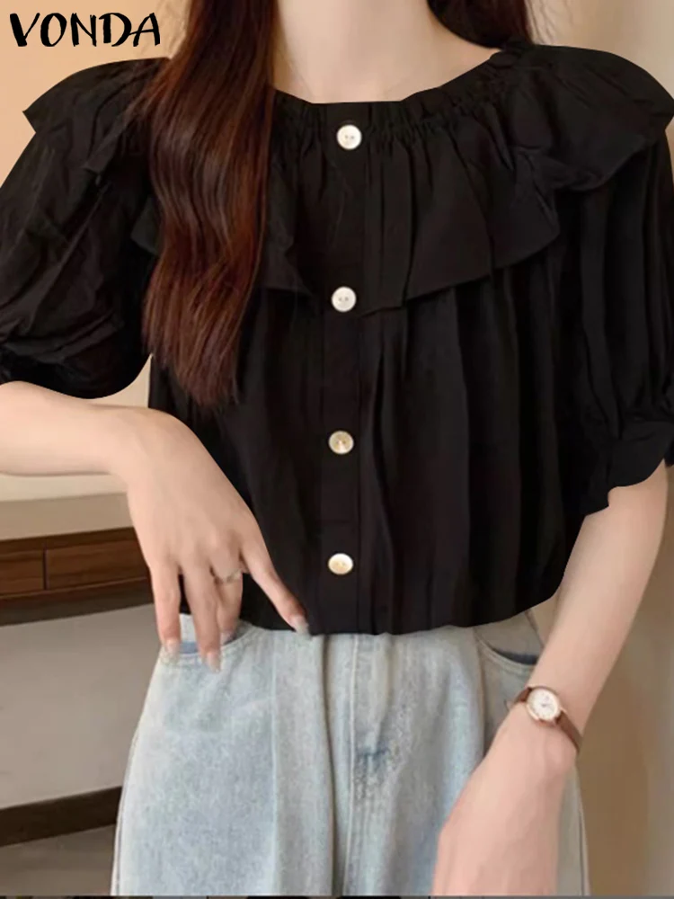 

VONDA Women Elegant Ruffled Shirts 2023 Summer Short Puff Sleeve Tunic Tops Casual Loose Blouse Buttons Solid Blusas Femininas