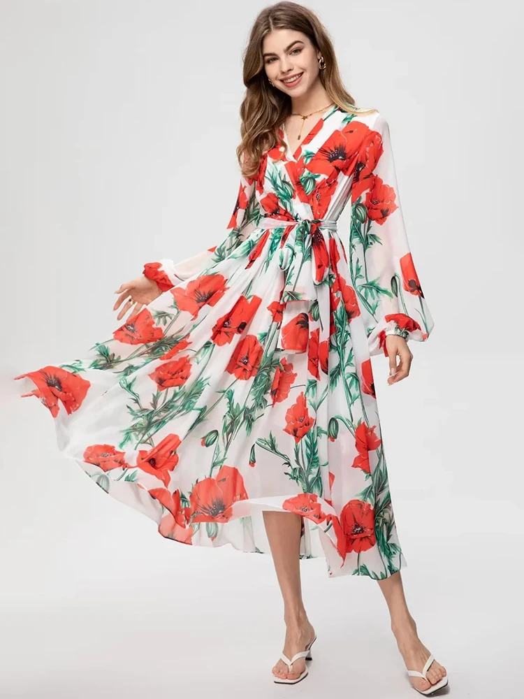 

MoaaYina Fashion Designer dress Summer Women's Dress Lantern Long Sleeve Laceup Flower Printing Ruffled Dresses