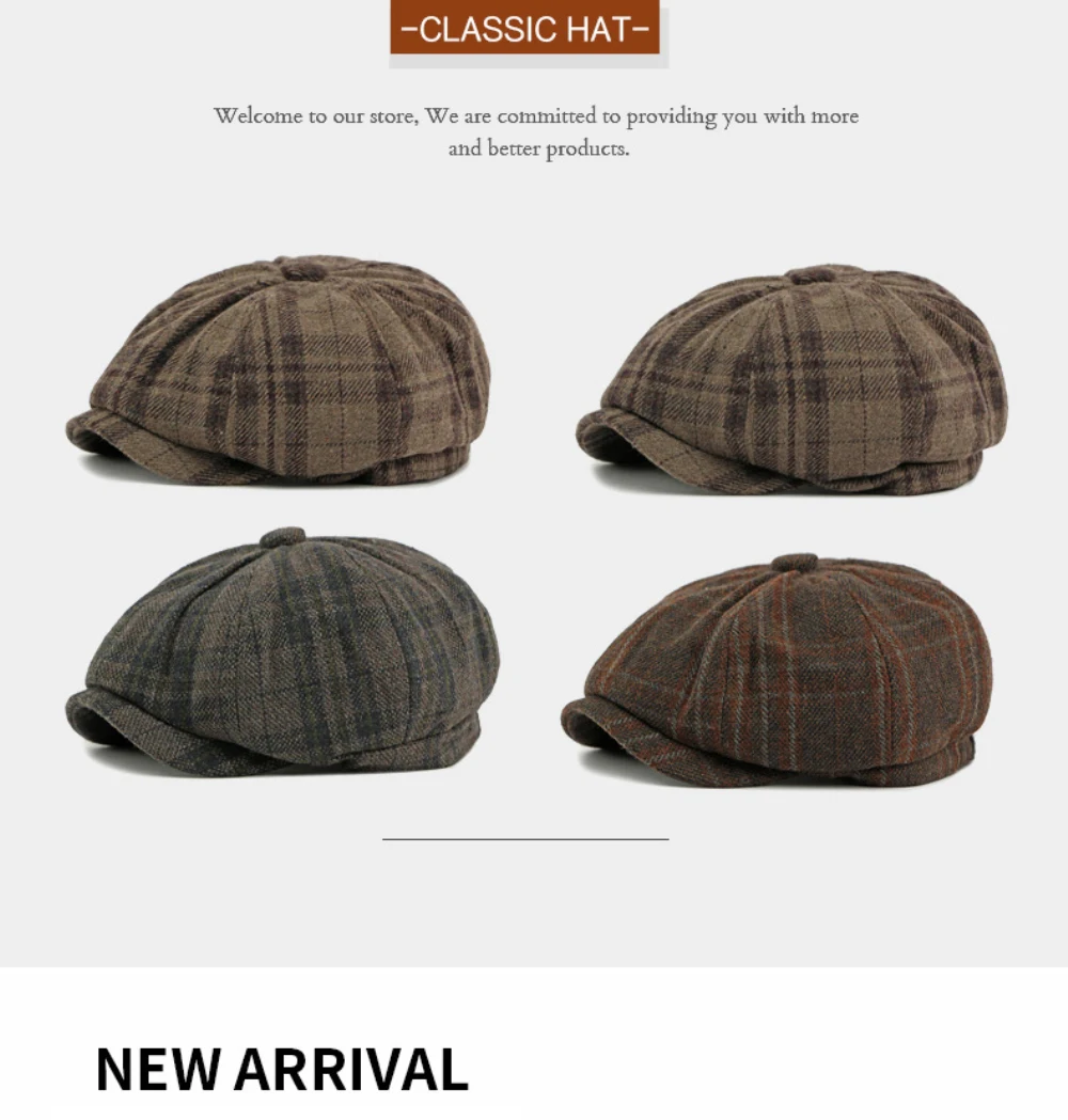 HT5050 Baskenmützen Herbst-Winter-Kappen für Herren und Damen Künstler-Malermütze Karierte Woll-Baskenmütze Unisex Ivy Flat Cap Verstellbare Baskenmütze – Detail 9