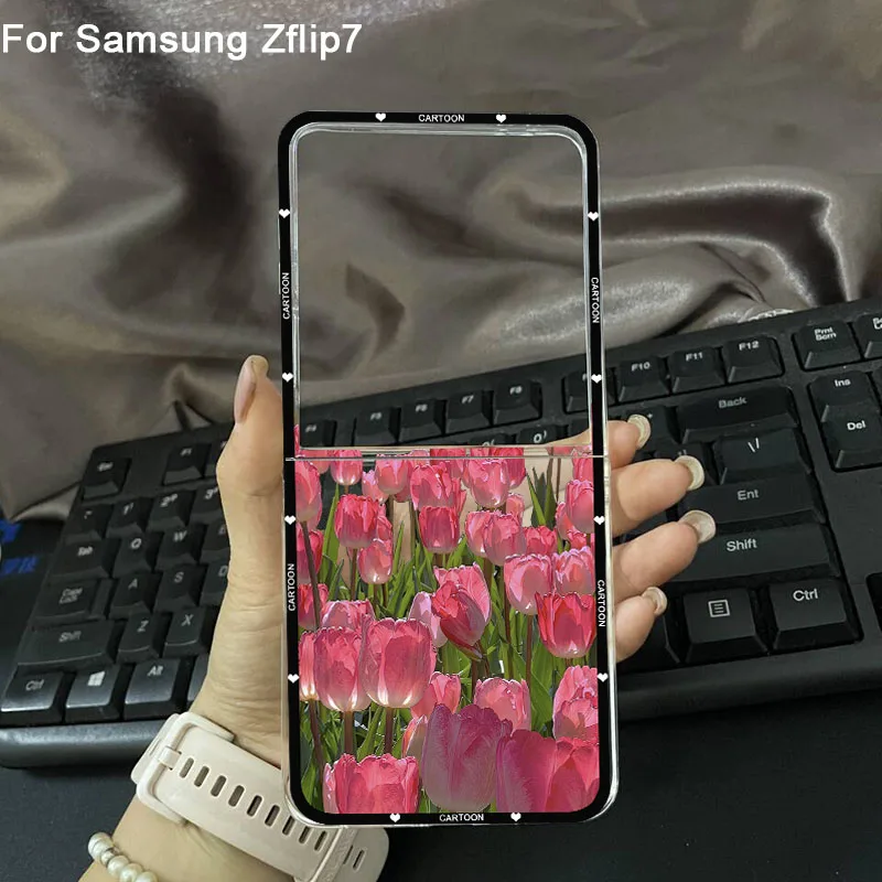 Korean Pink Tulip Floral Clear Hard Folding Phone Case Cover