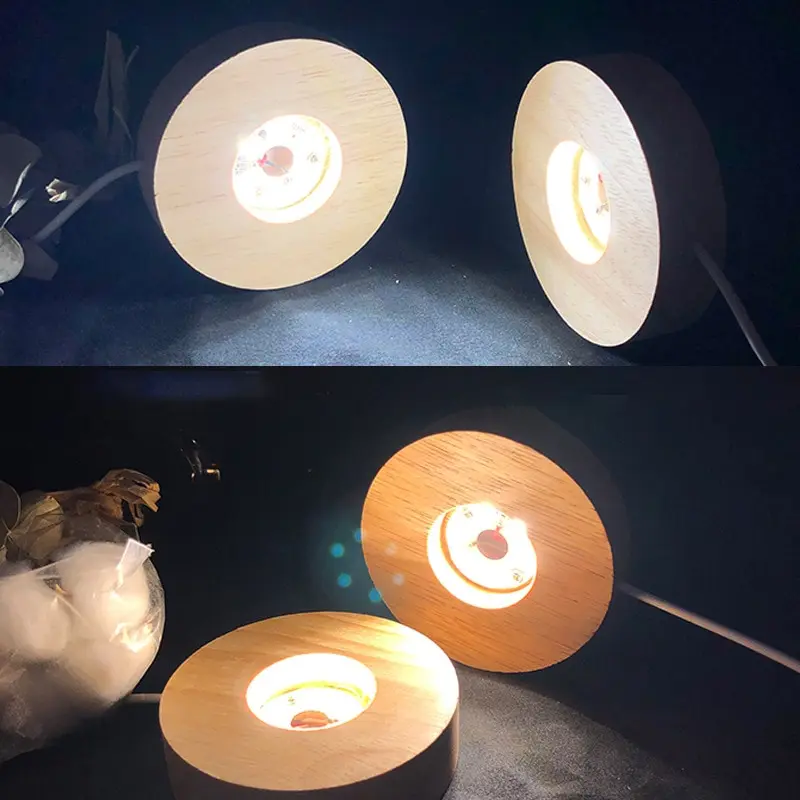 원형 또는 사각형 나무 LED 조명 디스플레이 베이스, 크리스탈 유리 아트 장식, 나무 야간 램프 베이스, LED 조명 디스플레이 스탠드 라이트 베이스