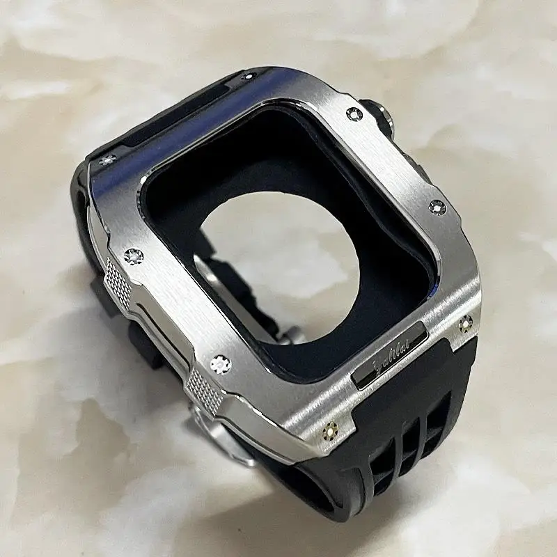 SCHIK Stainless Steel Luxury Watch Case Rubber Band,For Apple Watch Band 44mm Series 6 5 4 SE Series,For Iwatch Band 8 7 45mm