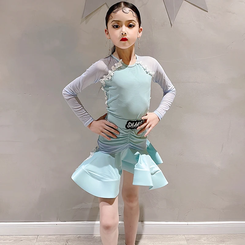 

Kids Latin Performance Outfit Samba Dancing Competition Costume Blue Split Suit ChaCha Dancewear Rumba Practice Wear VDB6339