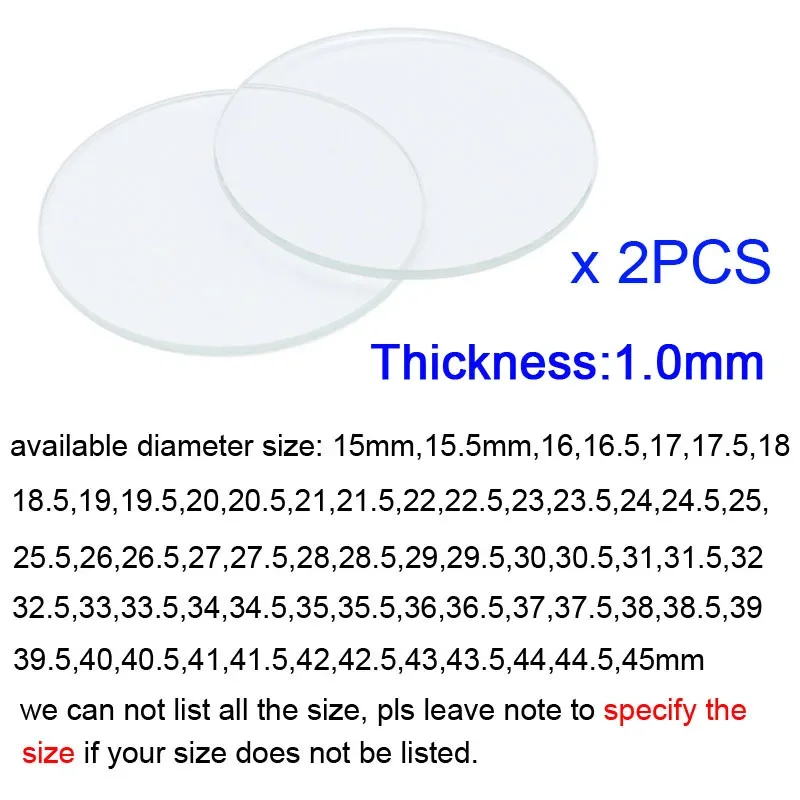 Thickness 1mm Round Watch Crystal 15mm to 45mm Watch Glass Replacement Glasses Lens Flat Mirror Repair Tool Part 2PCS watch glass replacement