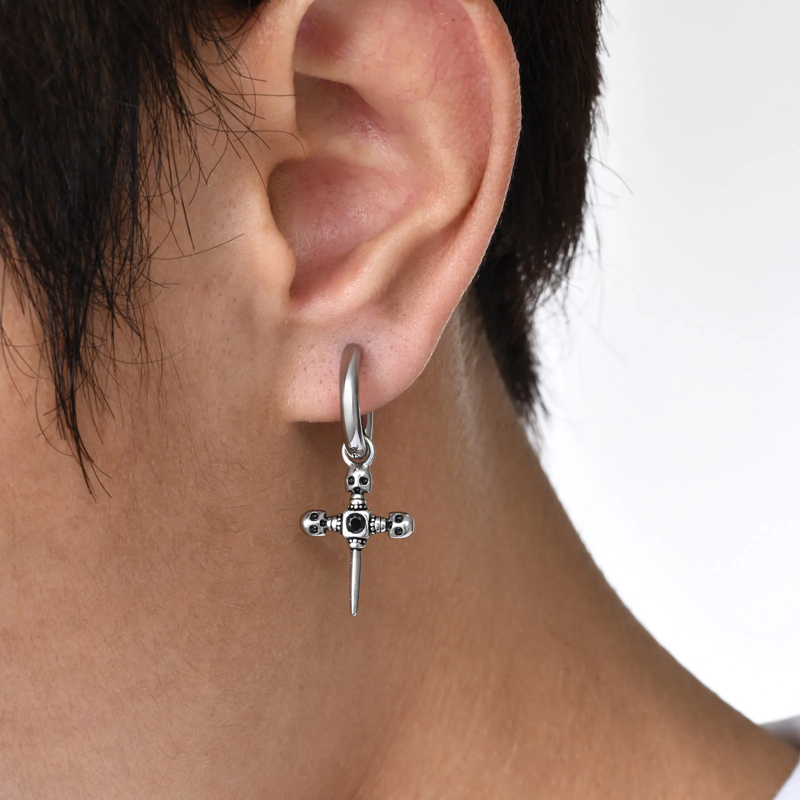 Men Cross Earrings Dangle Hinged, Waterproof Stainless Steel Cross Hoop Huggie Earrings with Black Stone Jewelry