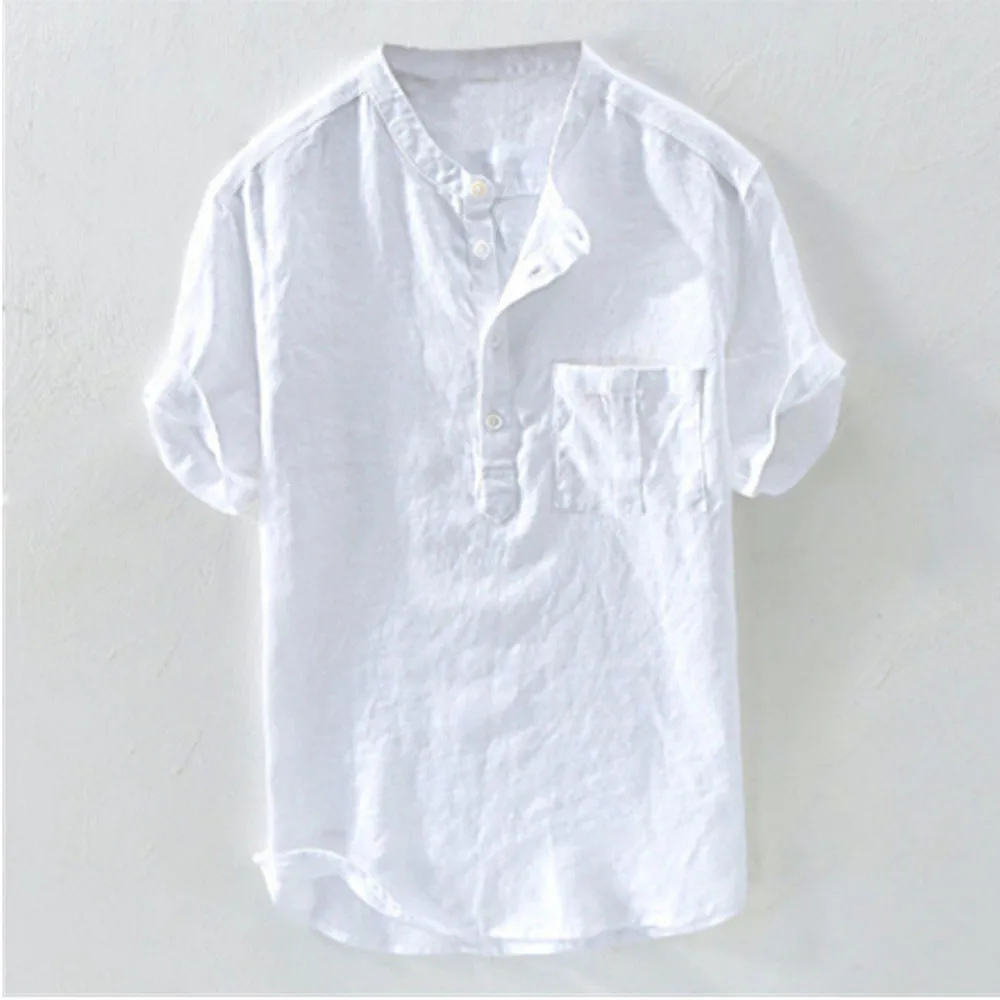 Men's Casual Loose Short Sleeve Shirt Quick Dry Tops Collarless Soft Dress Shirts Plus Size Solid Color Holiday Top Tee