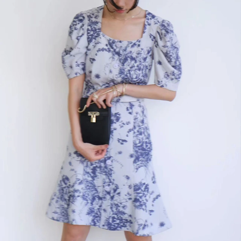 

Square Collar Puff Sleeve Sashes Slim Robe Elegant Knee-length Vestidos 2023 Summer Japanese New Vintage Floral Printed Dresses
