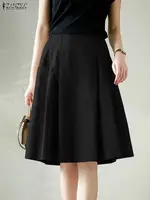 2025 ZANZEA Women Office Skirts Summer Elastic Waist Jupes Elegant A-line OL Work Faldas Saia Solid Pleated Knee Length Skirt - Image 5