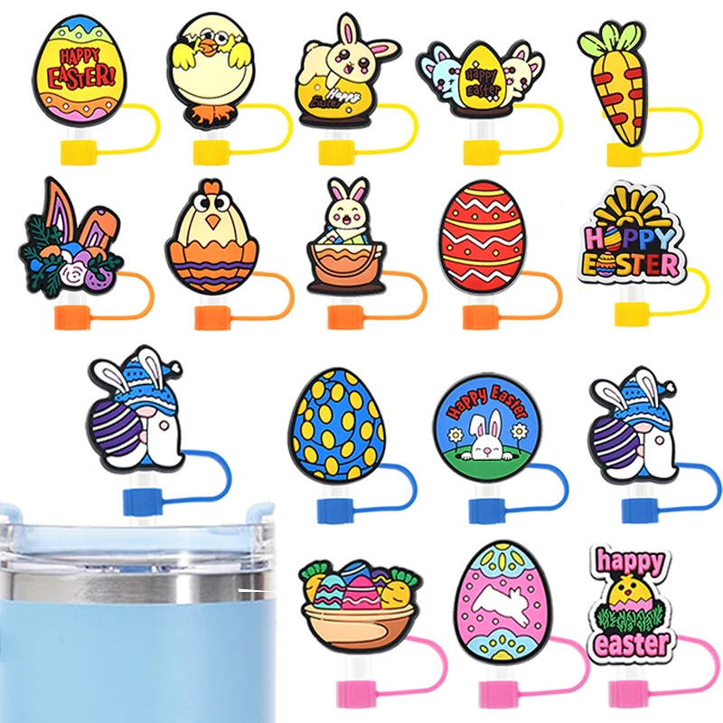 

8pcs Cartoon Easter Rabbit Straw Heads Reusable Dust Cover and Straw Cap Suitable for9-10mm Straw, Easter Party Decoration Gift