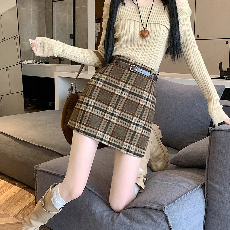 

Vintage Plaid Wool Blend Midi Skirt for Women Autumn Winter Korean Style High WaistA line Skirt Versatile A line Skirts