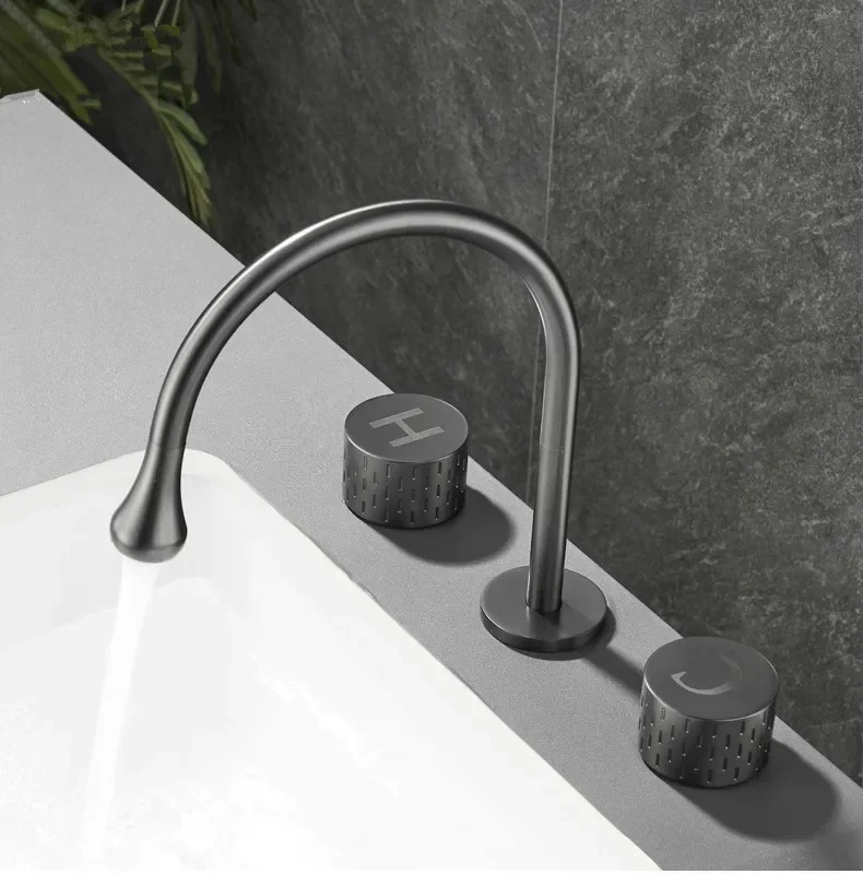 Description Picture 4 of itemBrushed Gold Basin Faucet Brass Gray Widespread Bathroom Black Sink Faucets 3 Hole Hot And Cold  Chrome Water Tap