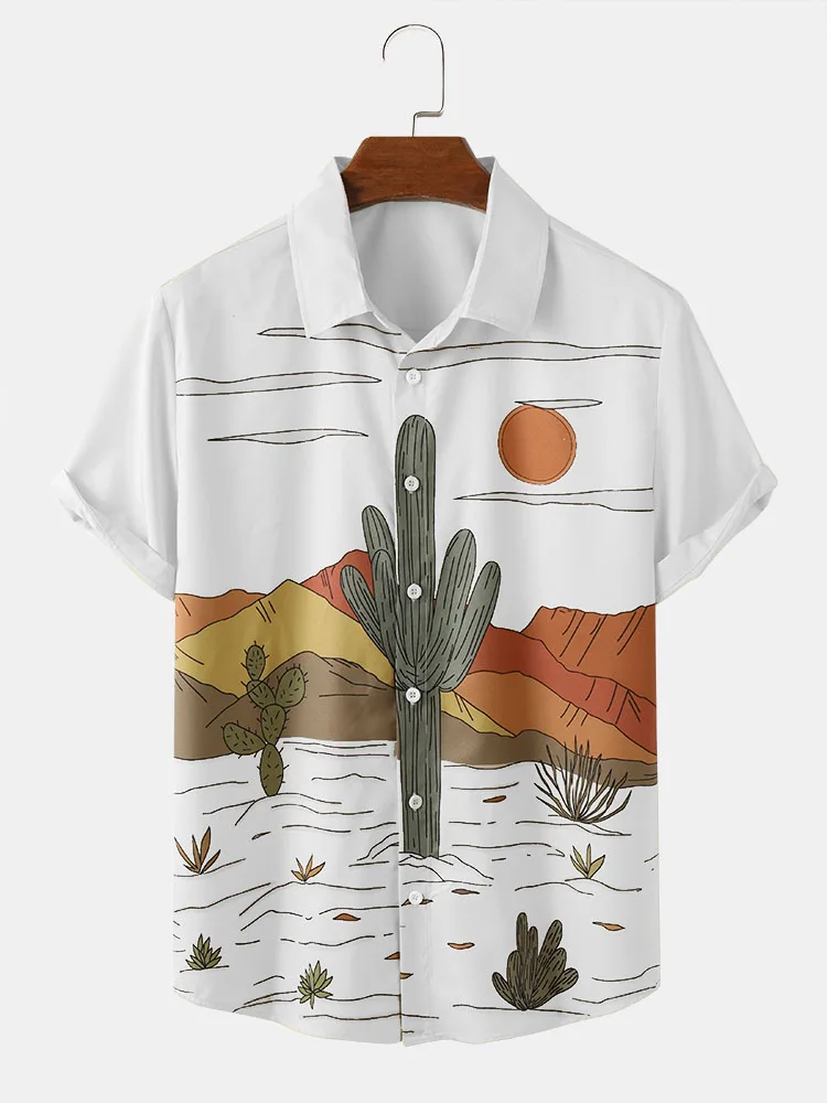CharmkpR Men\'s Hot Sale Tops Cactus Desert Landscape Printing Blouse Casual Streetwear Button Up Short Sleeve Shirts S-2XL 2023