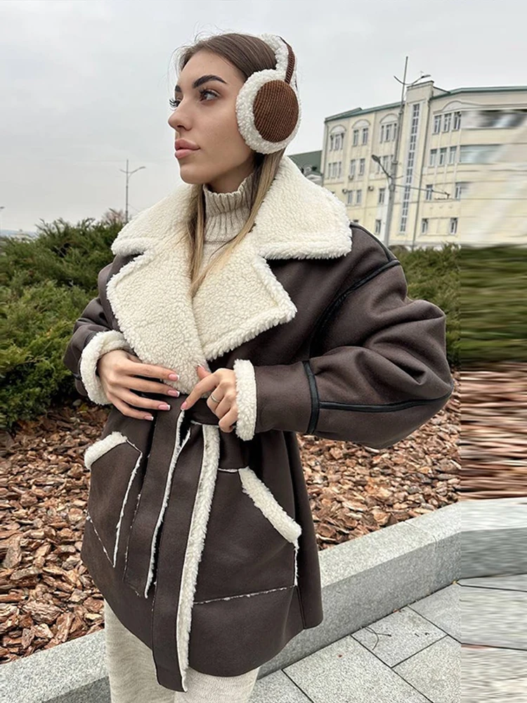Spitze Up Lamm Fleece Patchwork Faux Leder Jacke Frauen Elegante Revers Volle Hülse Schlank Herbst Winter Mäntel Chic Damen Oberbekleidung – Detail 10