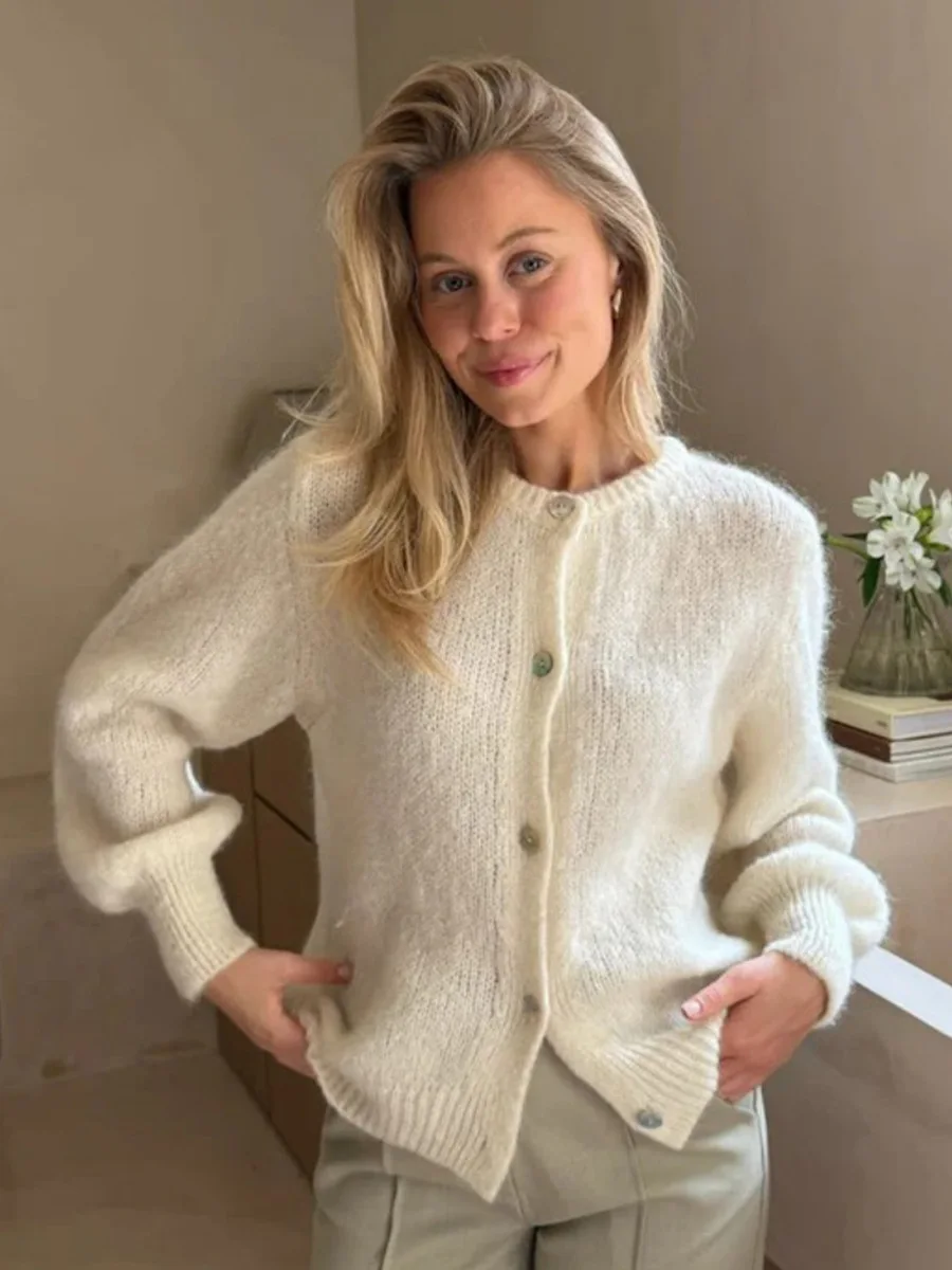 Bornladies Women's New Knit Cardigan Long Sleeve O-Neck Button Up Loose Fit Soft Mohair Blend Spring Autumn Fashion Sweaters