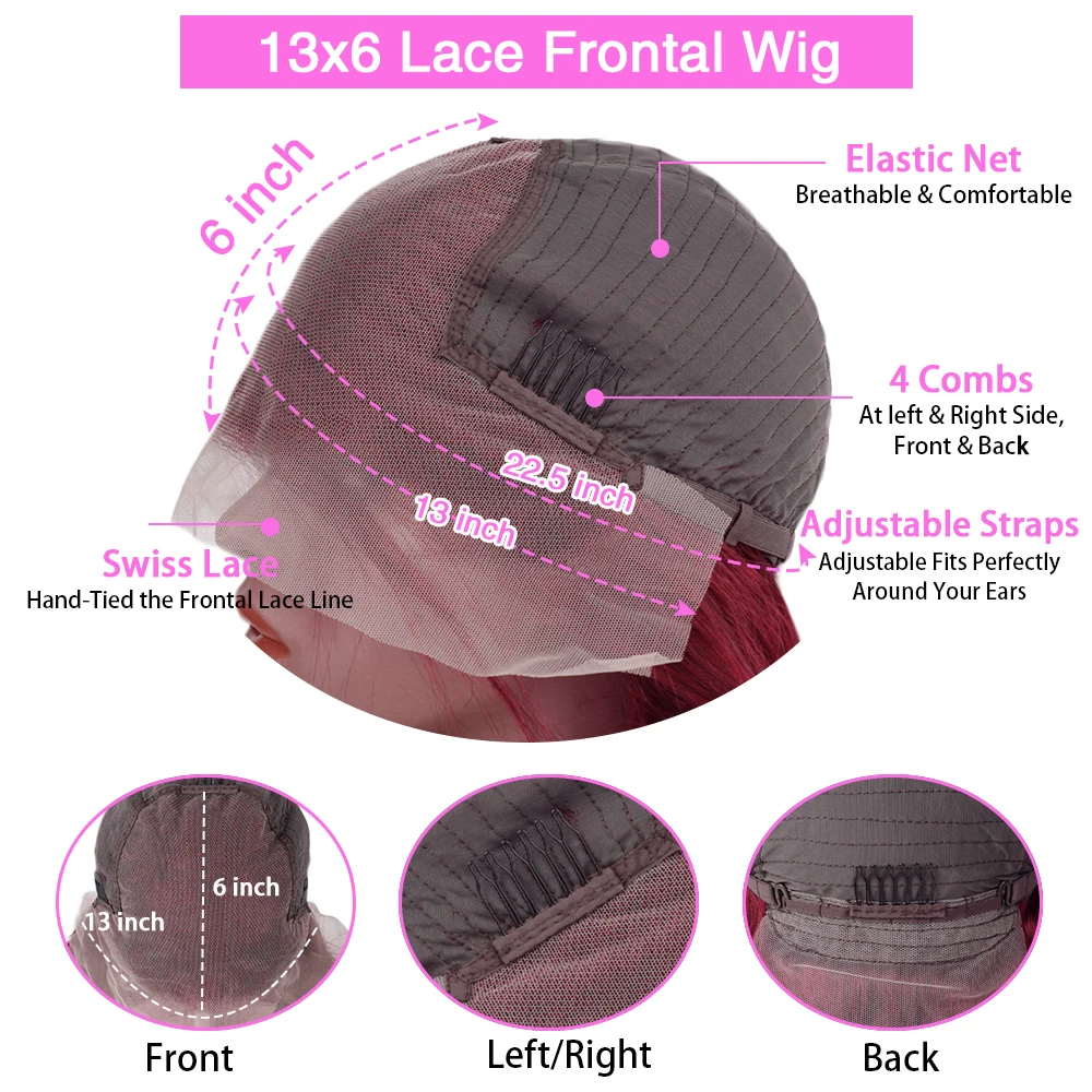 Burgundy 13x6 HD Lace Frontal Human Hair Wig Straight Red Lace Front Human Hair Max-lace Wigs 99J 220% Density Human Hair Wigs