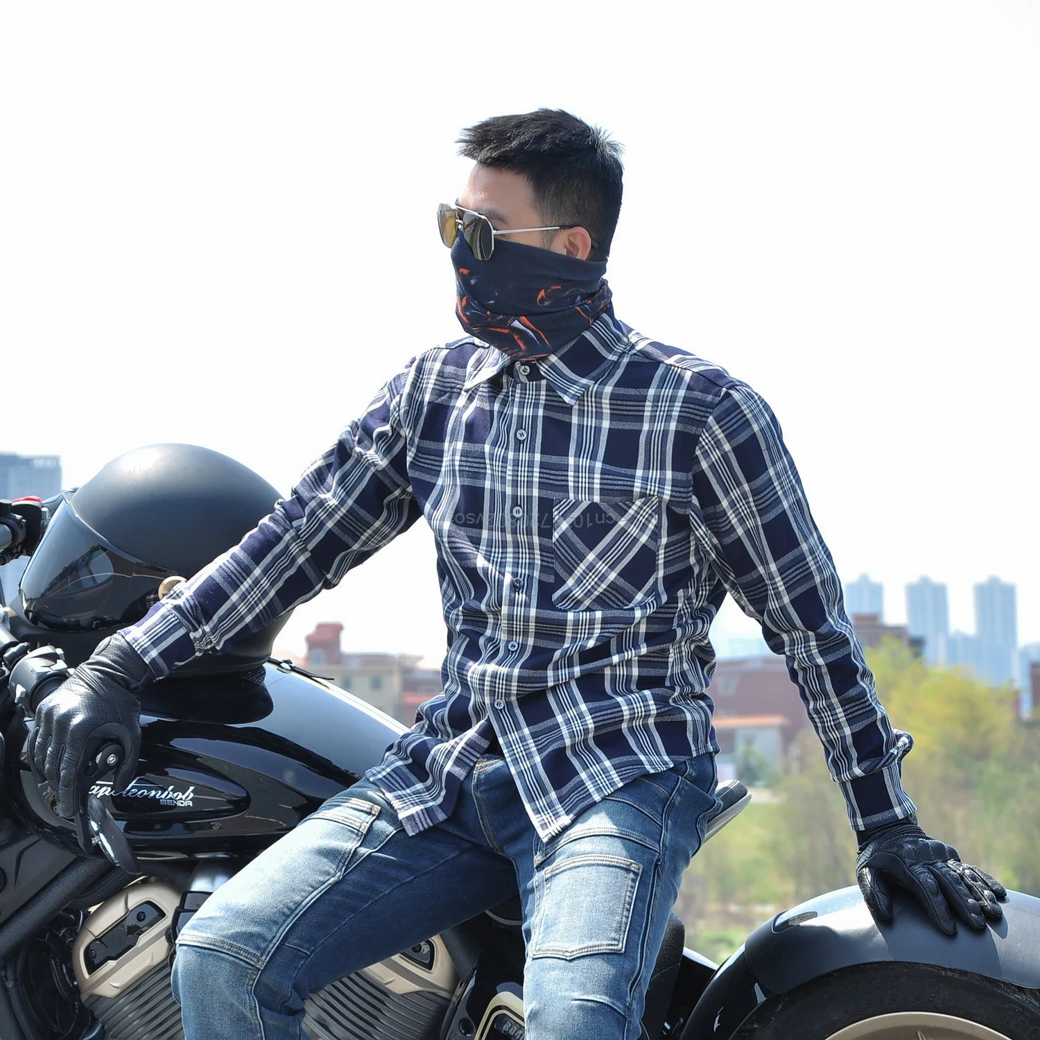 오토바이 라이딩 수트 캐주얼 레트로 오토바이 재킷 남성용 사계절 체크 셔츠 라이딩 수트 안티폴 5종 보호 장비