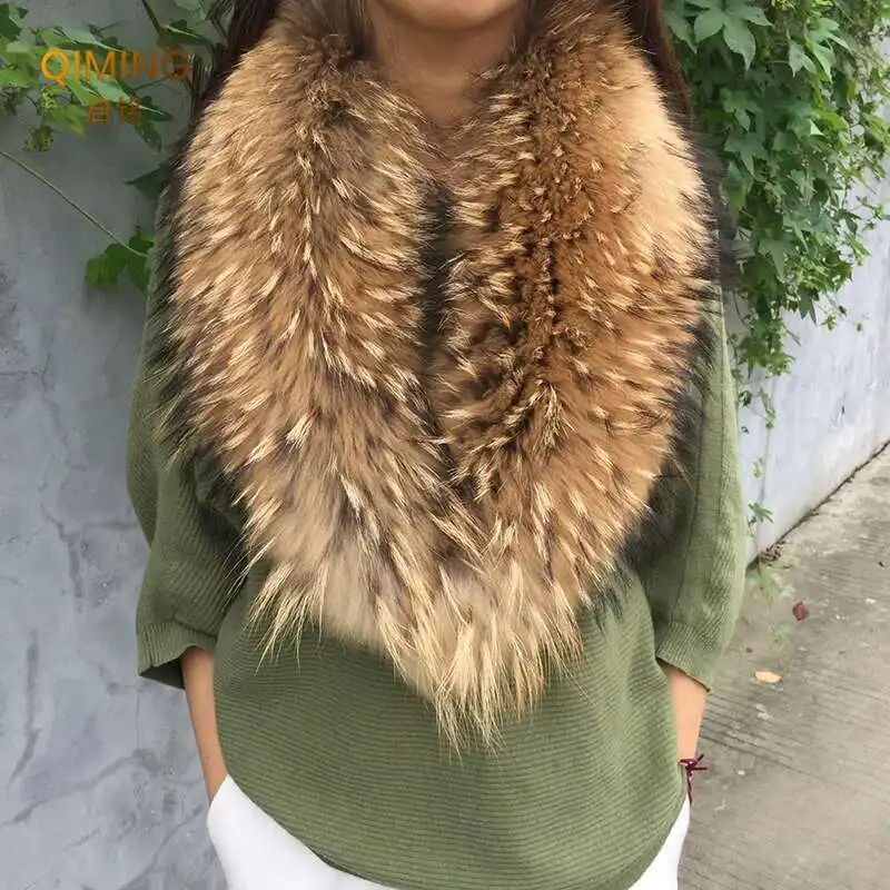 Real Fur Collar Furry Raccoon Fur Scarf Ring Winter Neck Warmer Women Men Jackets Hood Shawl Wraps Fluffy Warm Long Scarf fur scarf