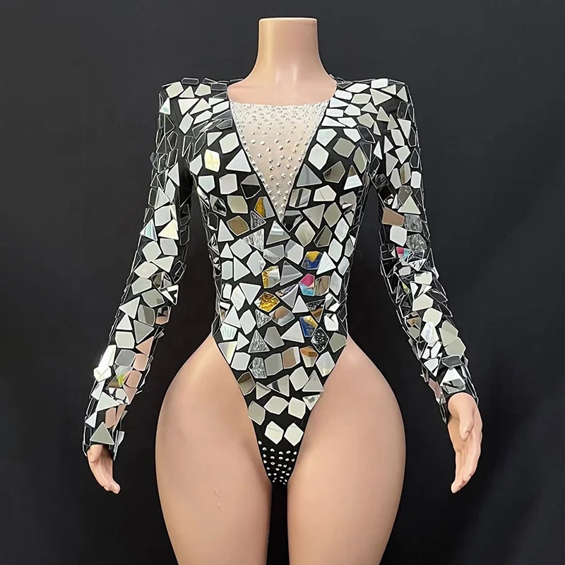 

Women Birthday Stage Birthday Dress Dancer Party Show Costume Sparkly Silver Rhinestone Mirror Short Bodysuit