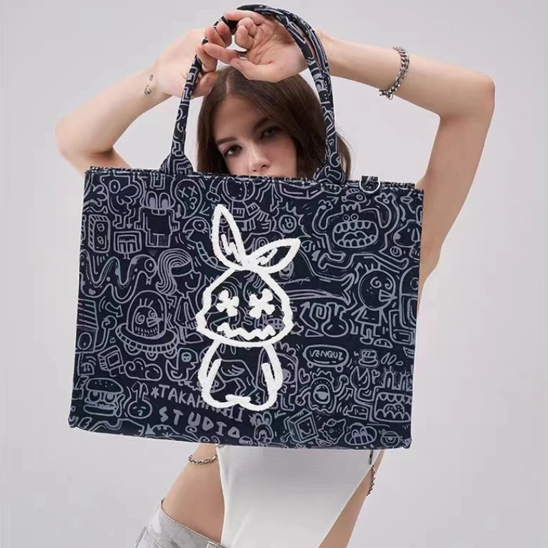 

Large Capacity Handbag Woman Original Design Rabbit Embroidery Fashion Printed Letter Canvas Tote Bag Fashion Chic Shoulder Bag
