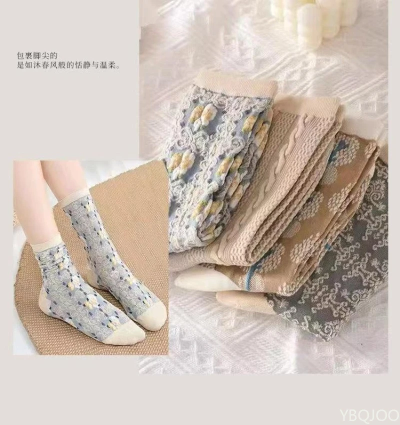 9 Paar Frühlings- und Herbst-Damensocken im Palaststil mit künstlerischem Relief, Blumen, Blumenfragmente, süße lange Röhren-Damensocken für Mädchen – Detail 10