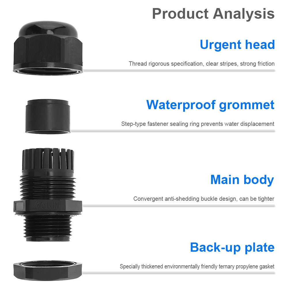 10pcs Waterproof Cable Gland Cable Entry IP68 3/4 Inch NPT for 12-18mm Wire Nylon Black Connector Connection Fixing Head cable gland