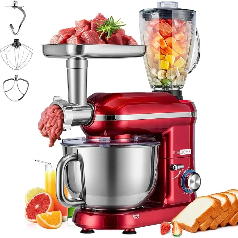 

3-in-1 Multi-Function Stand Mixer with 6-Quart Stainless Steel Bowl, 6-Speed Tilt-Head Meat Grinder, Red