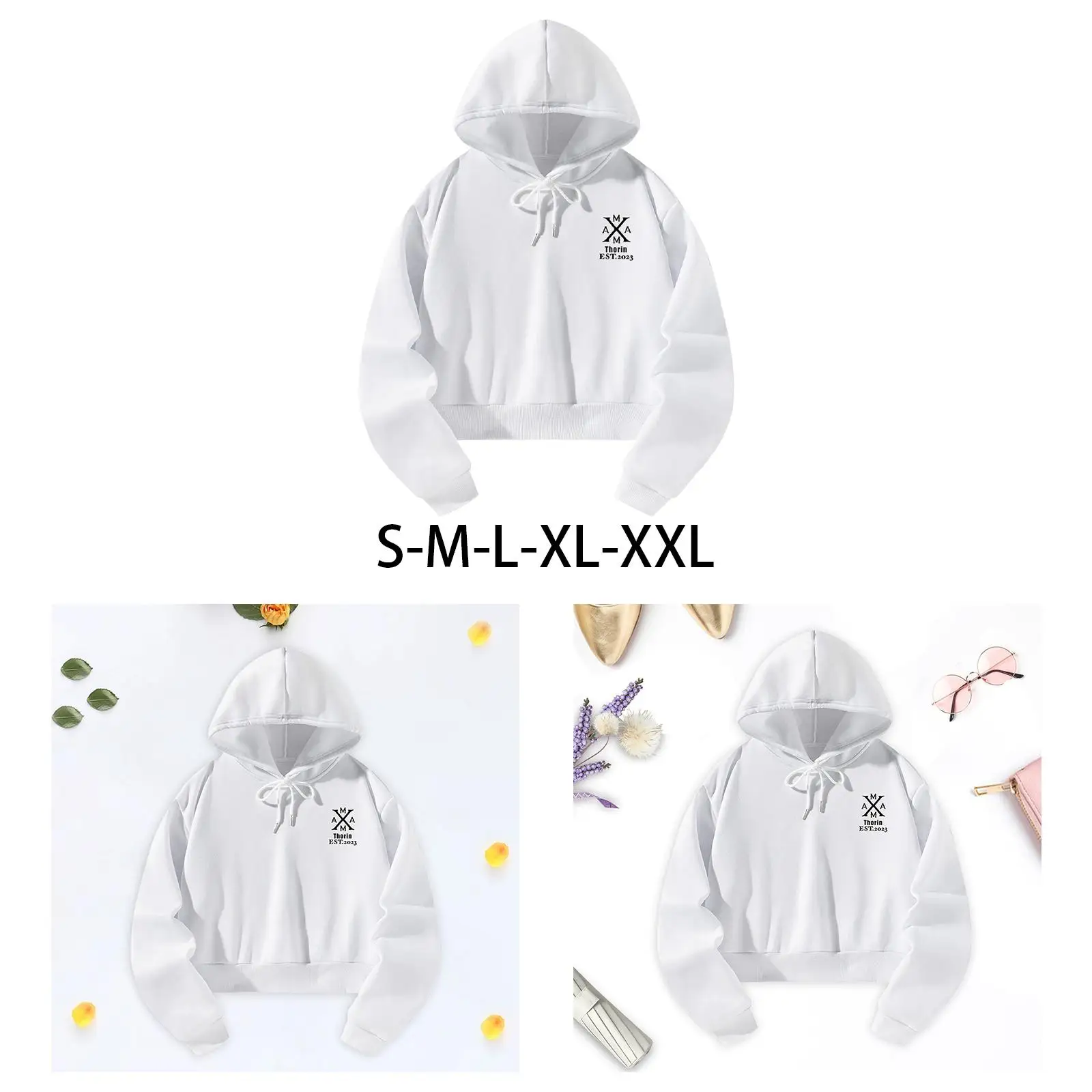 Women`s Crop Hoodie Casual Hoodies Streetwear Fashion Spring Autumn Hooded Sweatshirt Clothing Drawstring Pullover Hoodie White