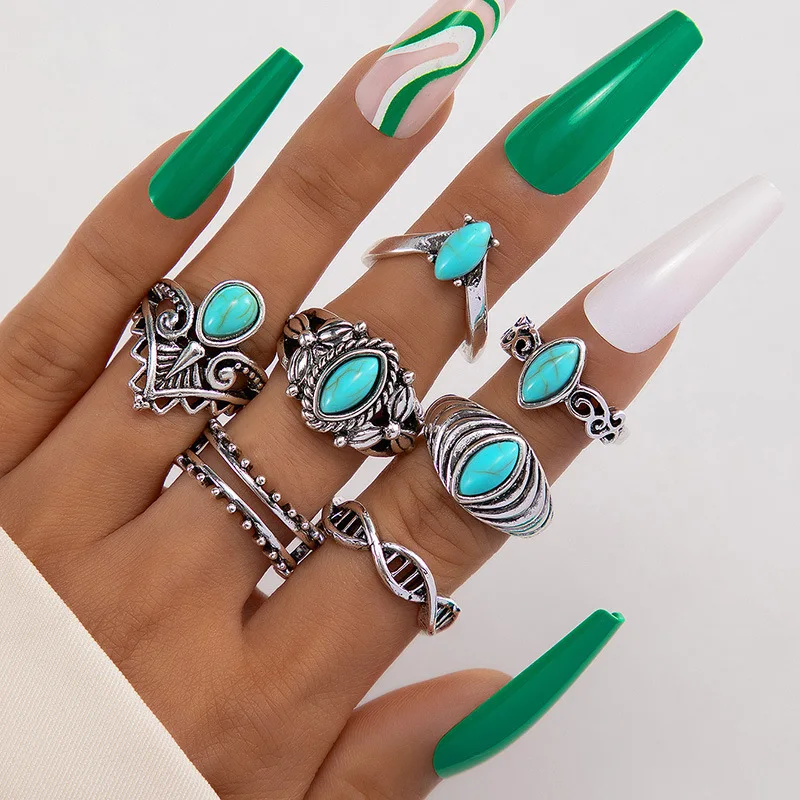 Vintage Green Stone Geometric Rings Set For Women Retro Silver Color Opal Kunckle Ring Female Bohemian Jewelry