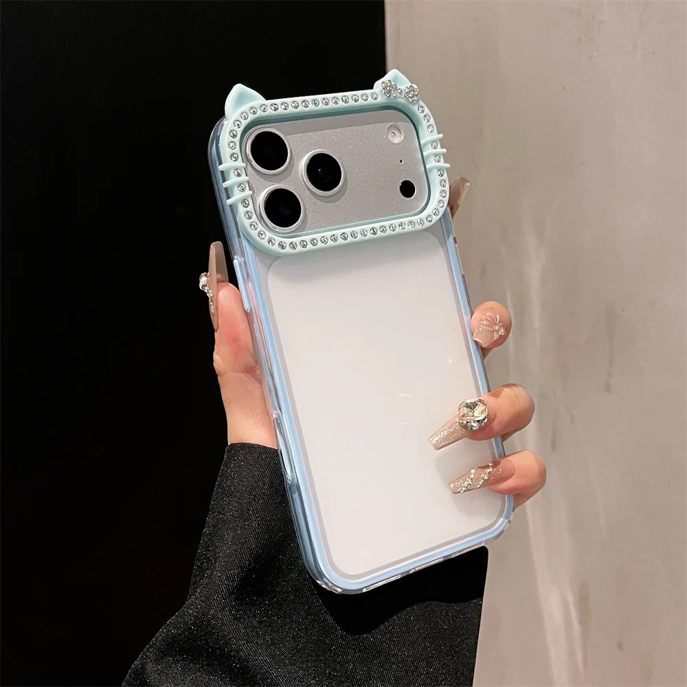 Luxury Rhinestone Cat Ears Matte Transparent Phone Case with Candy Color Bumper